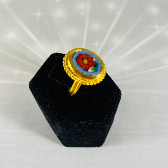 Petite millefiori, Italian gold tone, adjustable red Posey ring made in Italy - Picture 3 of 4